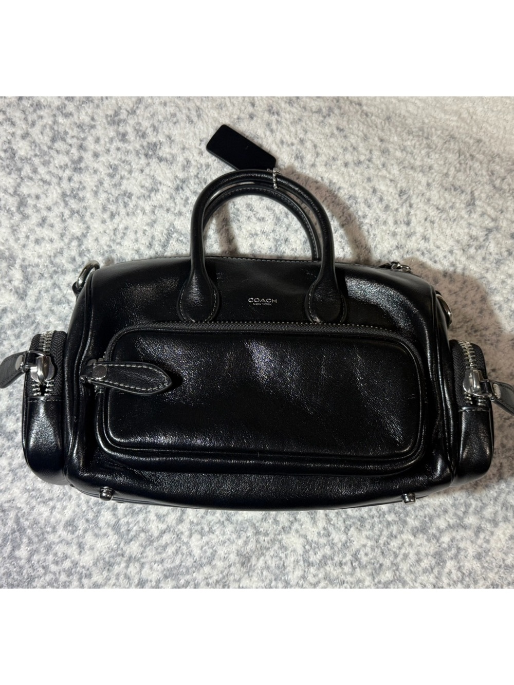 Coach Black Leather Compass 25 with Pockets in Black Glazed Leather